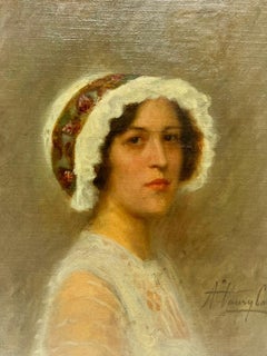 Antique French Signed Oil, Beautiful Young Lady in Fashionable Hat, circa 1900's