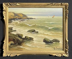Antique French Signed Oil Painting Coastal Seascape Lapping Waves on Rocks