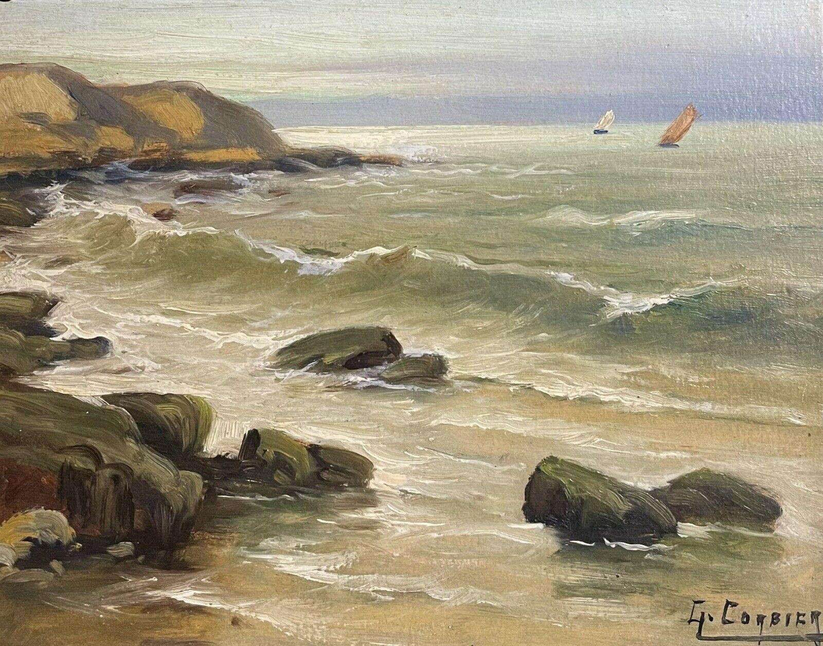 Unknown Landscape Painting - Antique French Signed Oil Painting Coastal Seascape Lapping Waves on Rocks