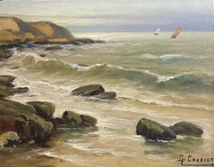Antique French Signed Oil Painting Coastal Seascape Lapping Waves on Rocks