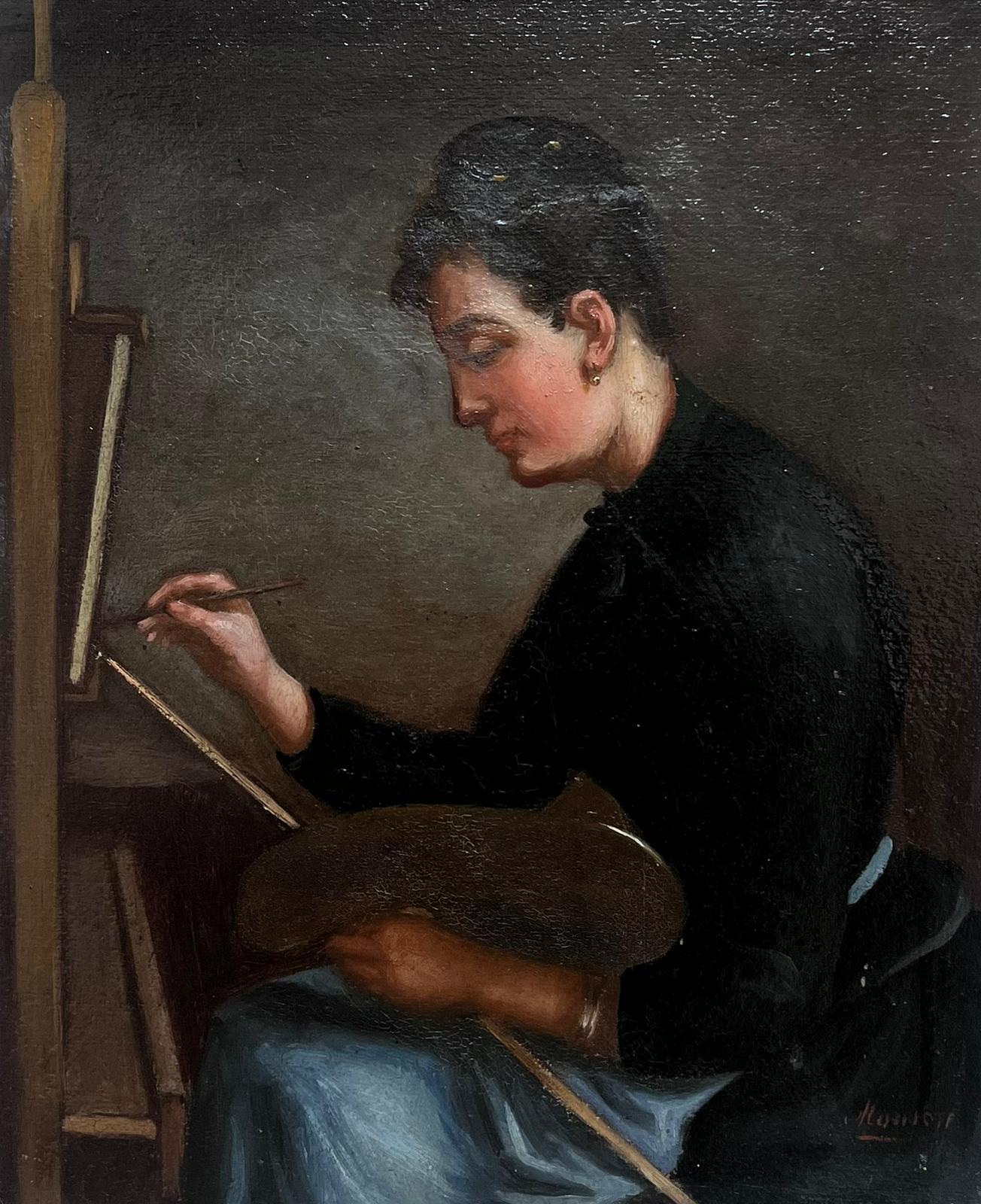 Peinture à l'huile française du début du 20e siècle, signée, représentant une artiste féminine au chevalet - Painting de French School