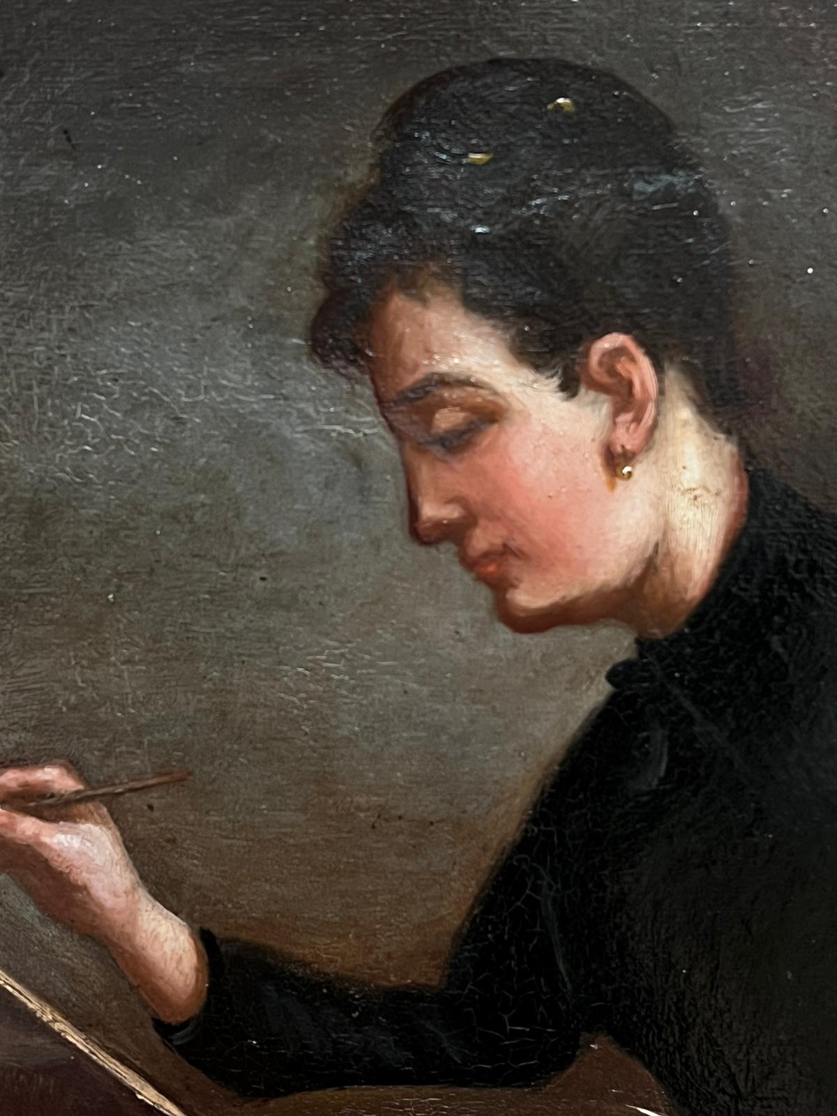 Peinture à l'huile française du début du 20e siècle, signée, représentant une artiste féminine au chevalet - Impressionnisme Painting par French School