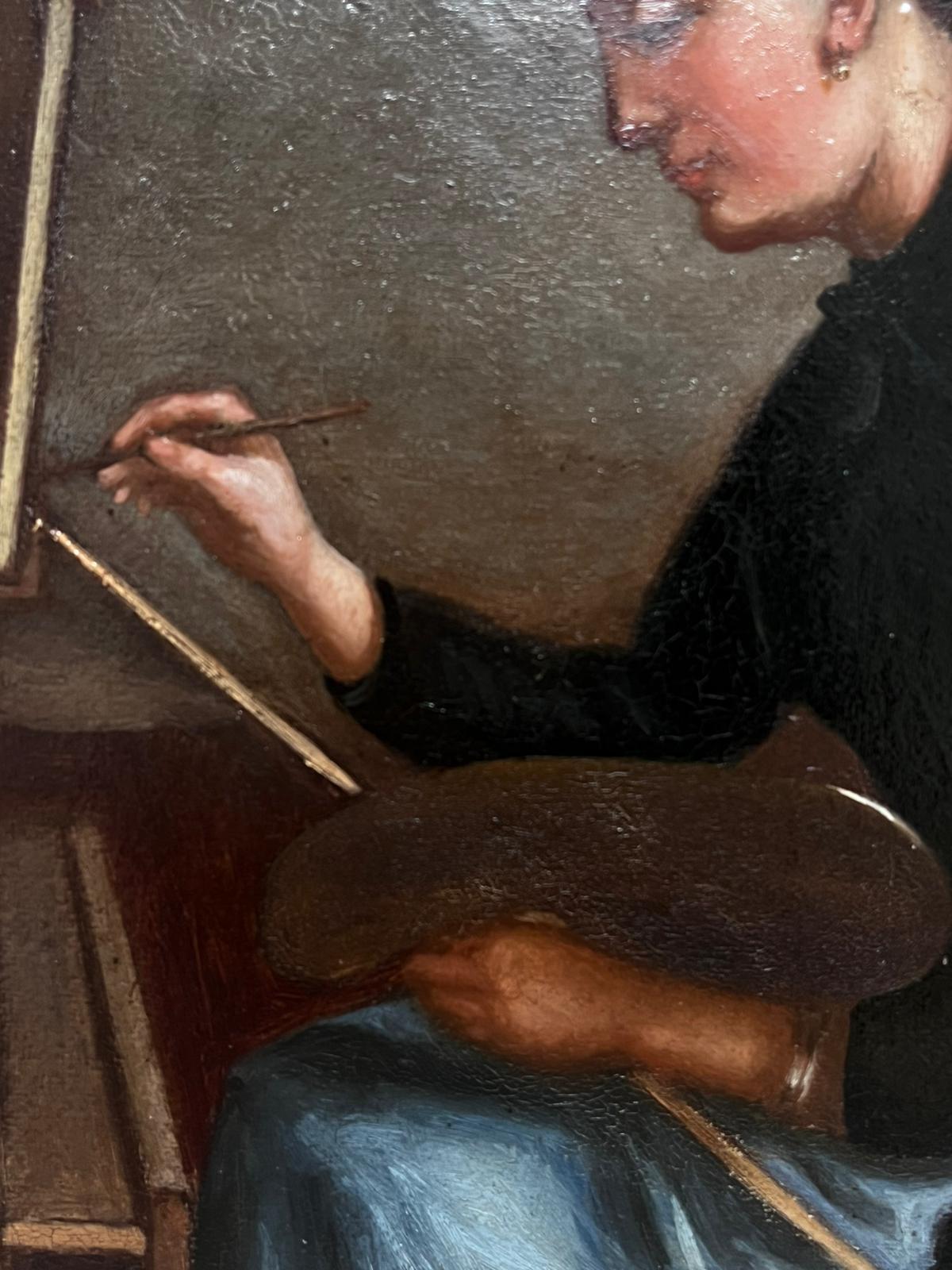 Peinture à l'huile française du début du 20e siècle, signée, représentant une artiste féminine au chevalet - Noir Figurative Painting par French School