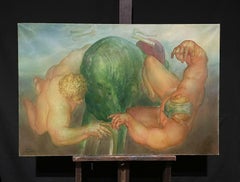 Huge French Surrealist Oil Painting Wrestling Nude Men Floating in Sky, 1970's