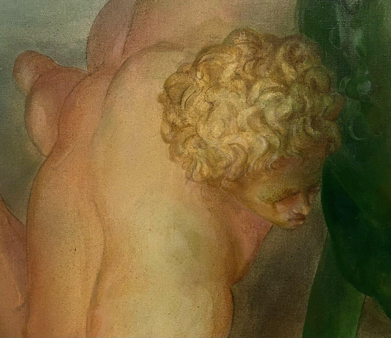Huge French Surrealist Oil Painting Wrestling Nude Men Floating in Sky, 1970's - Brown Portrait Painting by Unknown