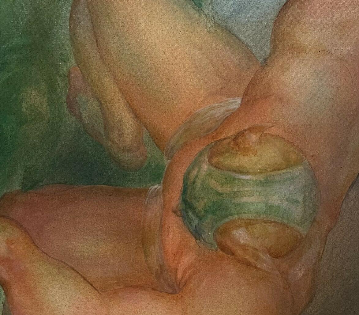 Artist/ School: French School, signed lower front, dated 1970's

Title: La Moto Verte, a surrealist composition of nude/ semi nude male figures in a wrestling pose floating in the sky. 

Medium: oil painting on canvas, unframed

canvas: 31 x 47