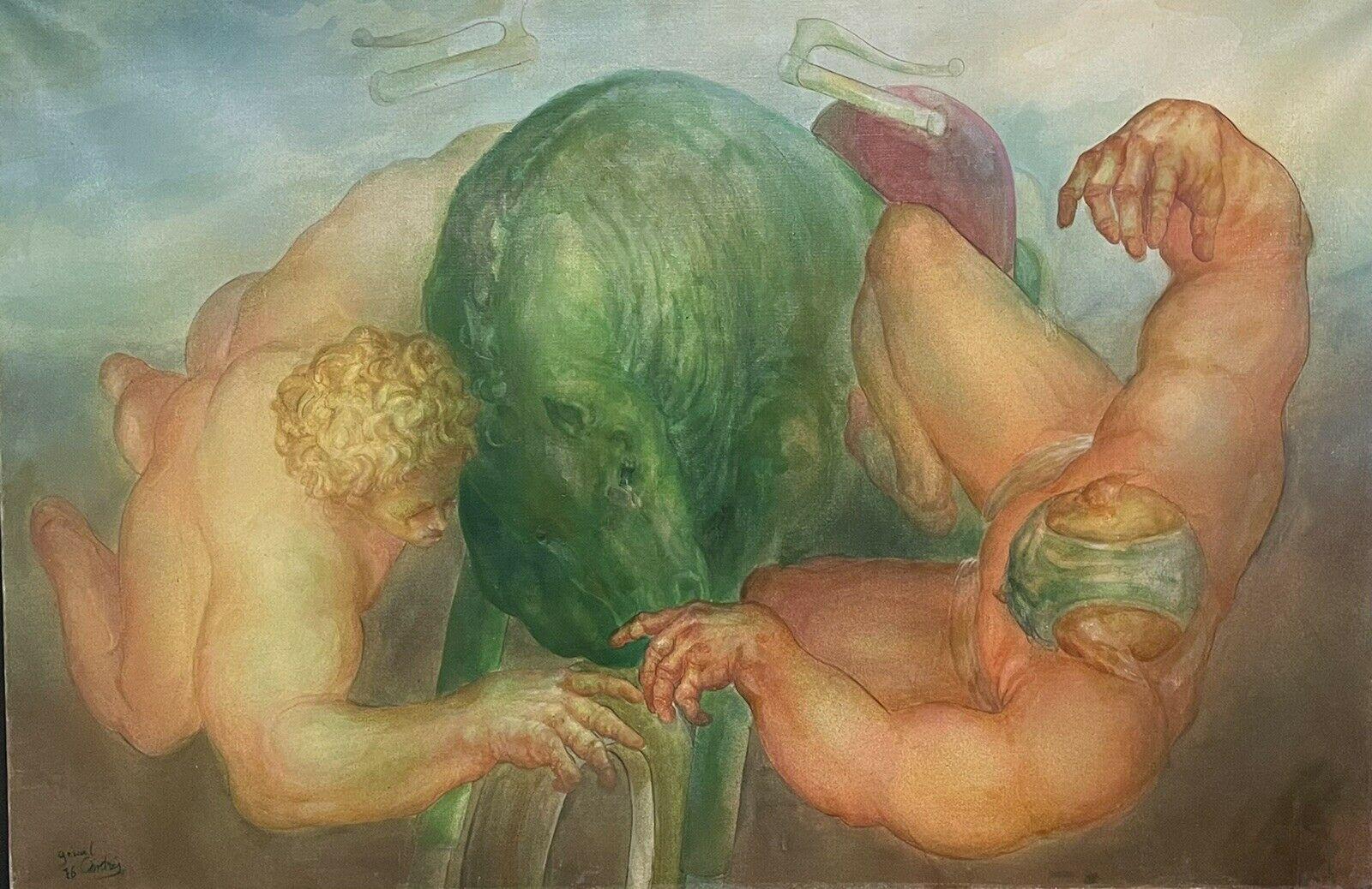Grande peinture à l'huile surréaliste française d'un homme nu luttant au ciel, représentant des hommes luttant, années 1970