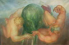 Grande peinture à l'huile surréaliste française d'un homme nu luttant au ciel, représentant des hommes luttant, années 1970
