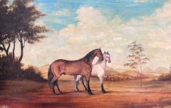 Large French Oil Painting Two Horses in Landscape Grey and Chestnut framed