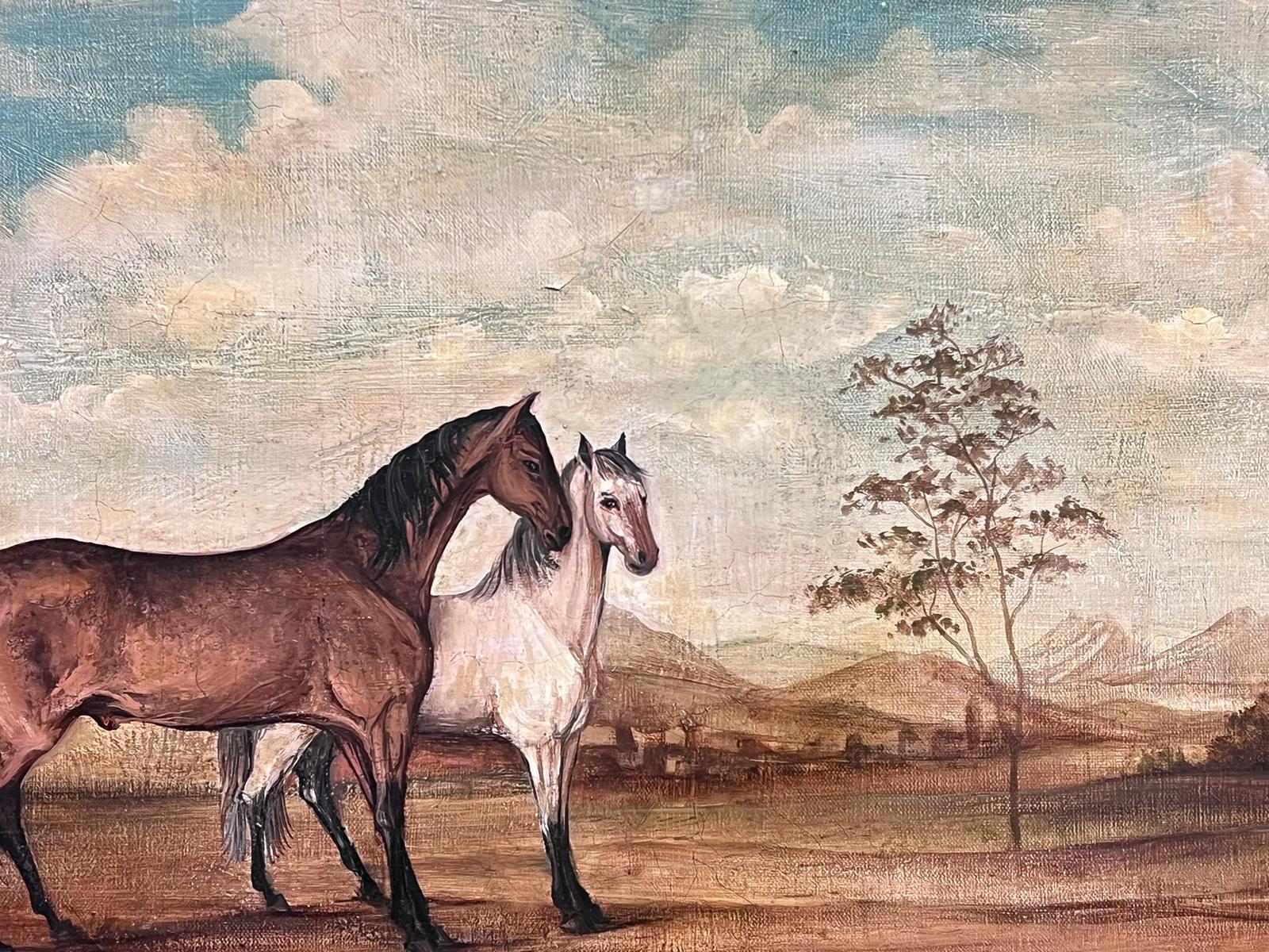 Large French Oil Painting Two Horses in Landscape Grey and Chestnut framed - Gray Animal Painting by French School