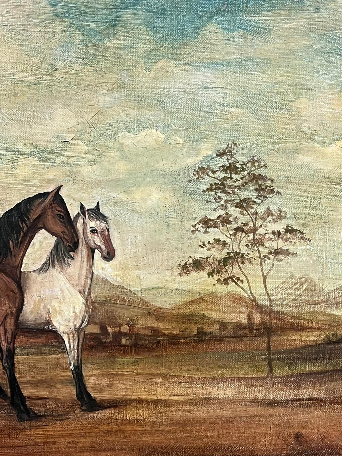 Large French Oil Painting Two Horses in Landscape Grey and Chestnut framed For Sale 1