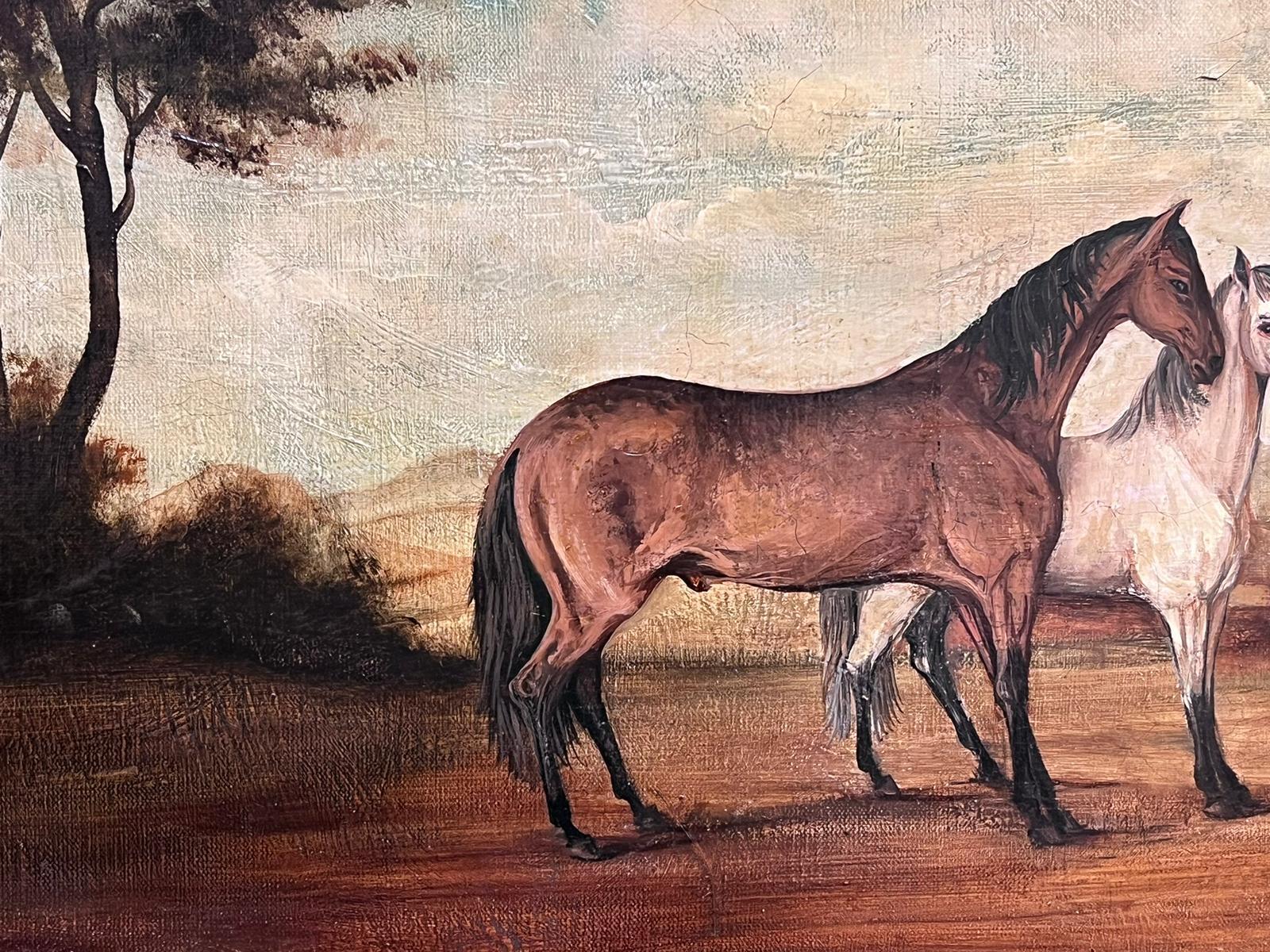 Large French Oil Painting Two Horses in Landscape Grey and Chestnut framed For Sale 3