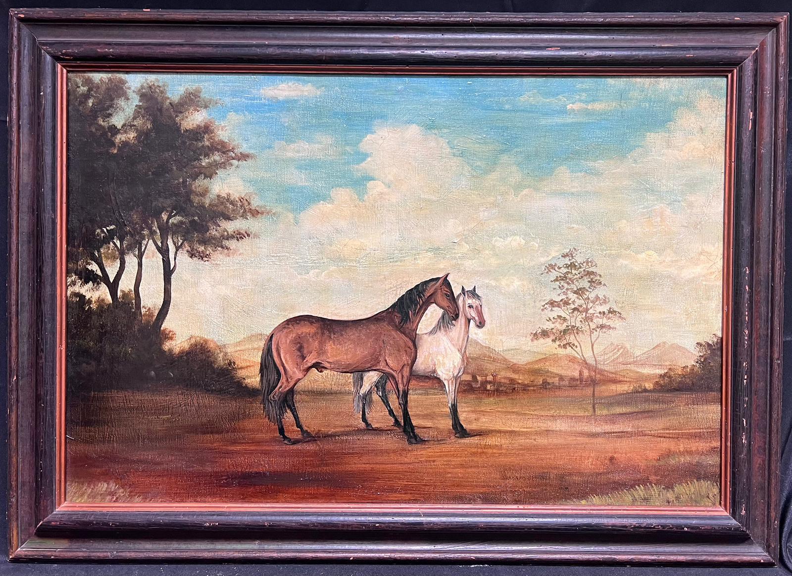 Animal Painting di French School - Grande dipinto a olio francese Due cavalli in un paesaggio grigio e castagno incorniciato