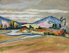 Französische expressionistische Landschaft aus der Mitte des 20. Jahrhunderts mit Fluss und bunten Bergen