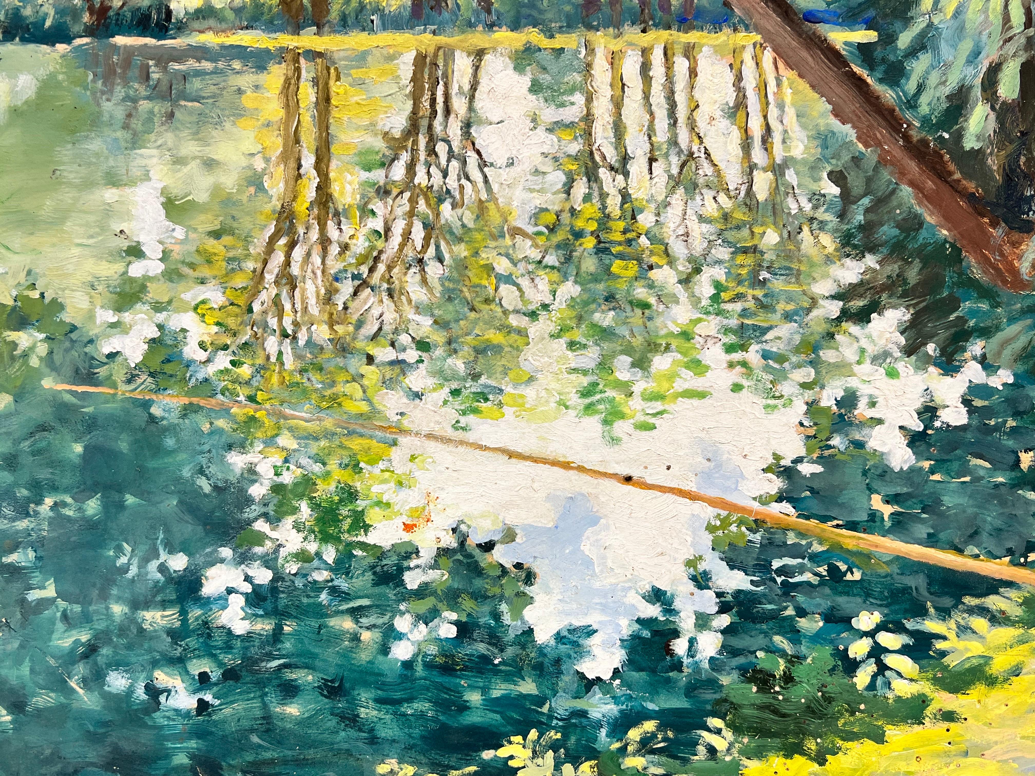 Artist/ School: French School, mid 20th century

Title: The Fisherman; mid century Impressionist work depicting this fisherman on the riverbank. Beautiful shades of light amongst a range of green and yellow colors. 

Medium: oil painting on thin