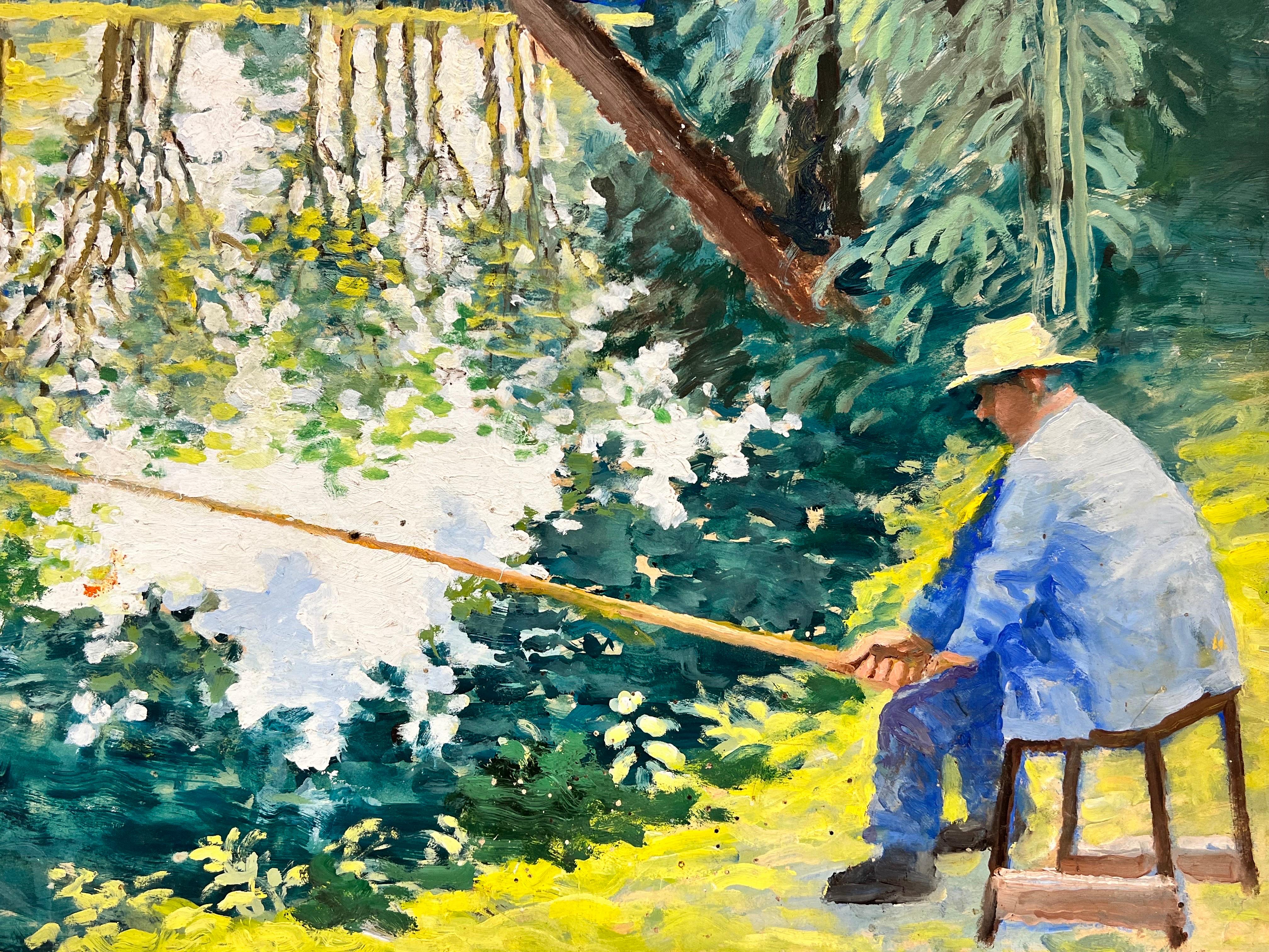 Mid 20thC French Impressionist Painting Fisherman on Riverbank, green & yellow 1