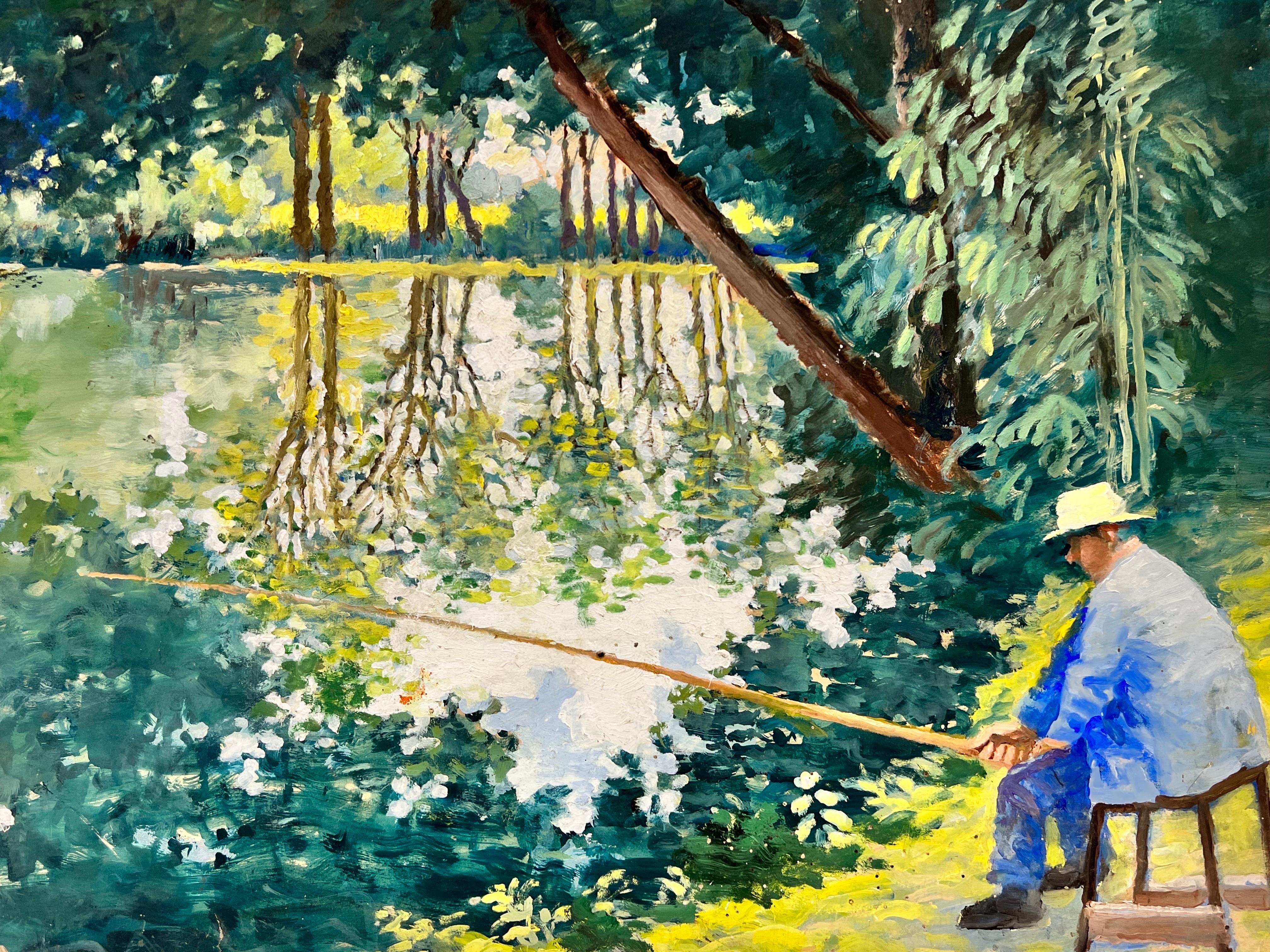 Mid 20thC French Impressionist Painting Fisherman on Riverbank, green & yellow 3