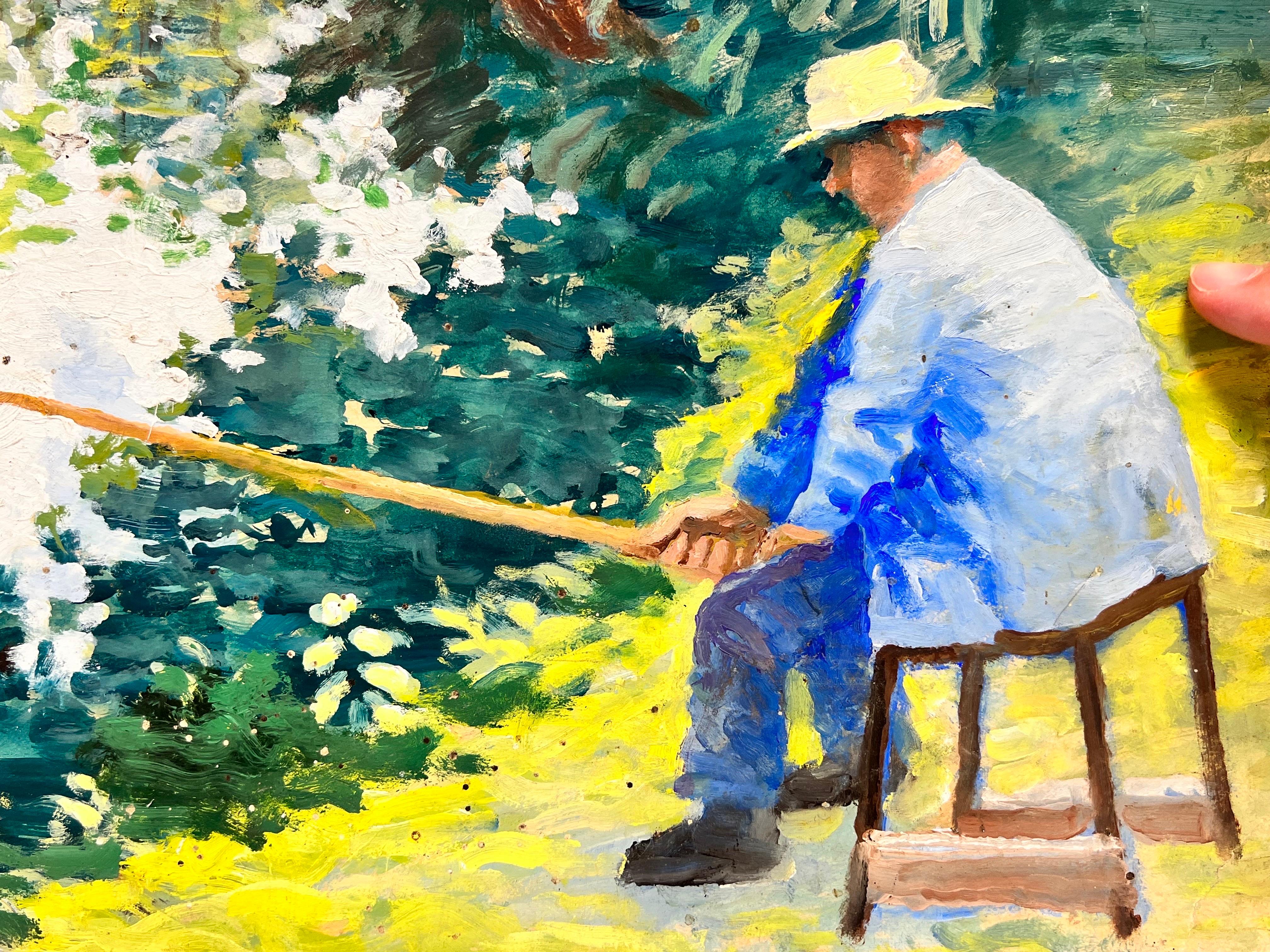 Mid 20thC French Impressionist Painting Fisherman on Riverbank, green & yellow 4