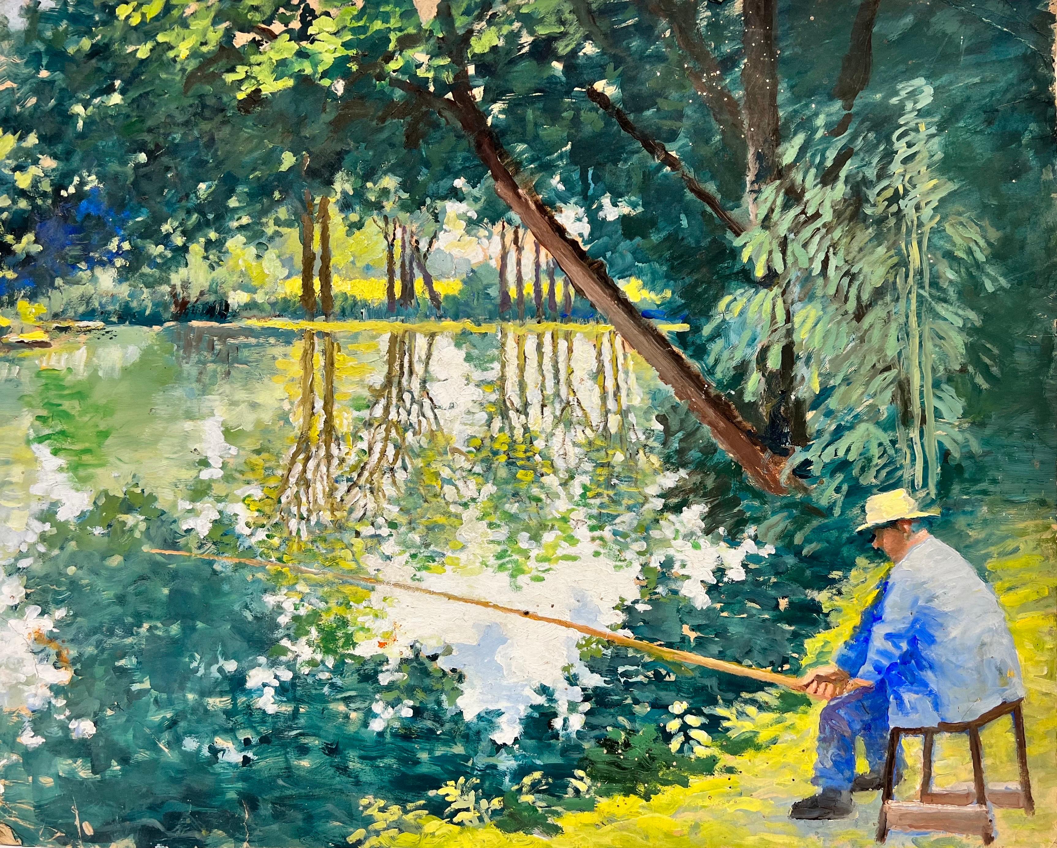 French School Landscape Painting - Mid 20thC French Impressionist Painting Fisherman on Riverbank, green & yellow