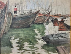 Mid Century French Impressionist Signed Painting Moody Colors Boats in Harbour