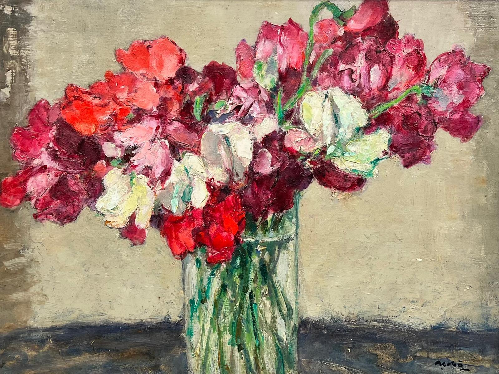 Artist/ School: French School, mid 20th century, signed and inscribed verso

Title: Still life of pink, white and red flowers in a glass vase. Painted with delightful texture and thick oil paint. 

Medium: oil on board, framed

Framed: 17 x 20