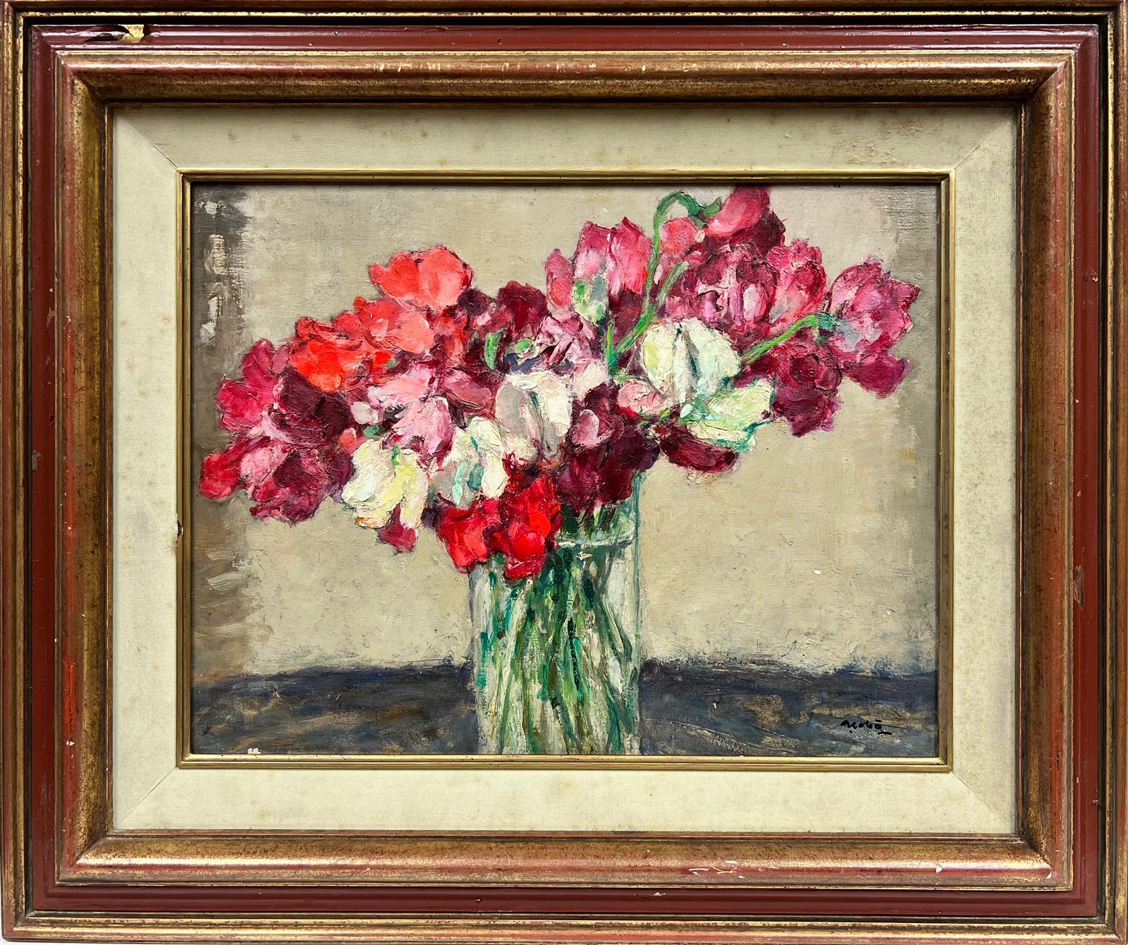 French School Interior Painting - Mid Century French Still Life Flowers Pink Red & White Flowers in Glass Vase