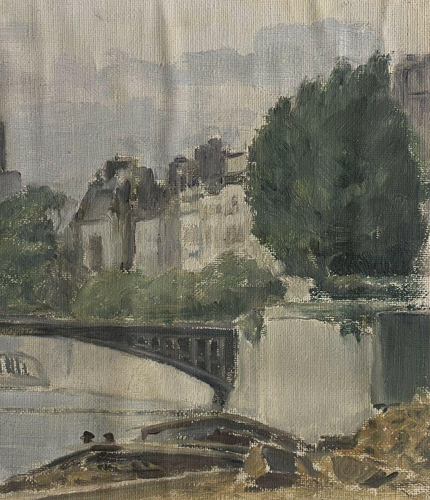 Notre Dame Paris from the River Seine, Mid 20th century French Framed Oil  - Brown Figurative Painting by Unknown