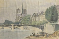 Notre Dame Paris from the River Seine, Mid 20th century French Framed Oil 