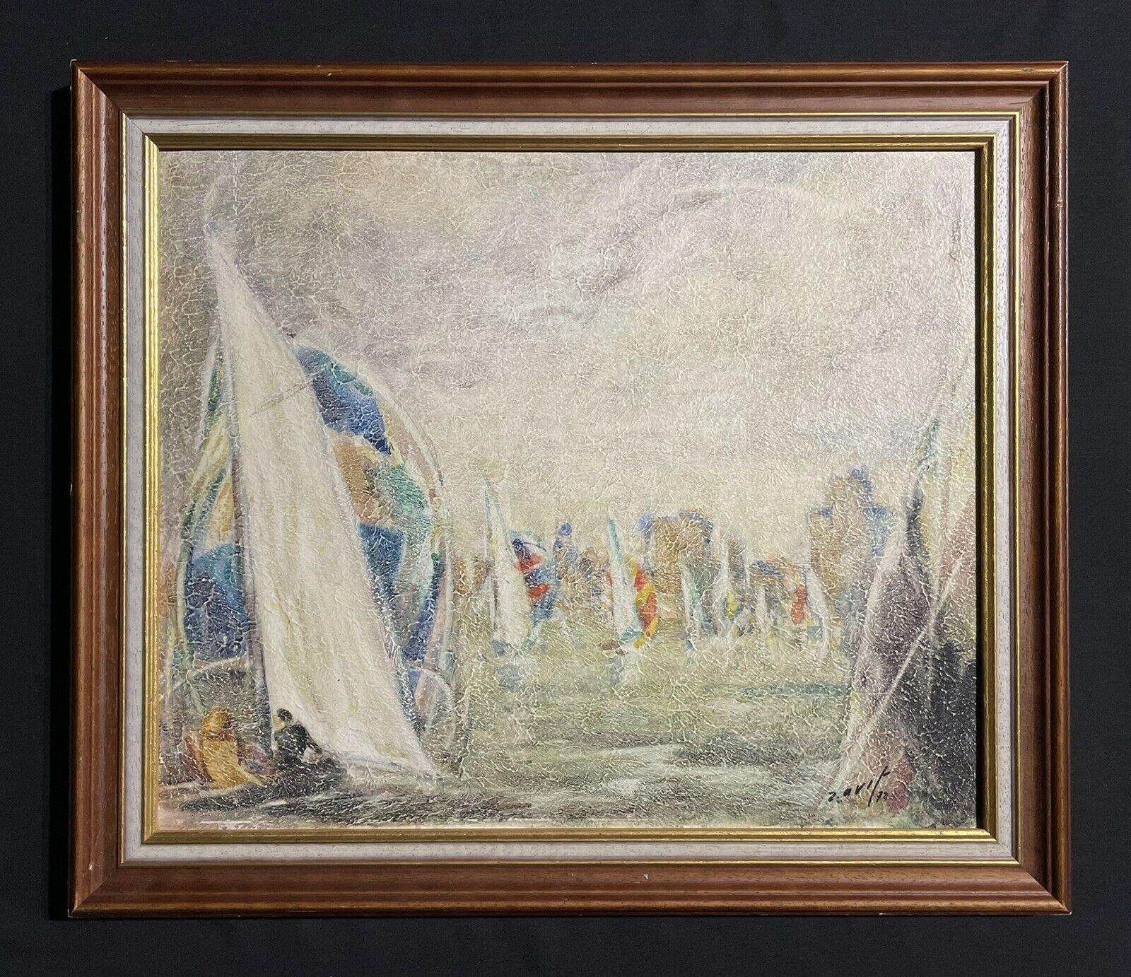 Racing Yachts Flotilla at Sea, Signed 1970's French Modernist Oil Painting - Gray Landscape Painting by Unknown