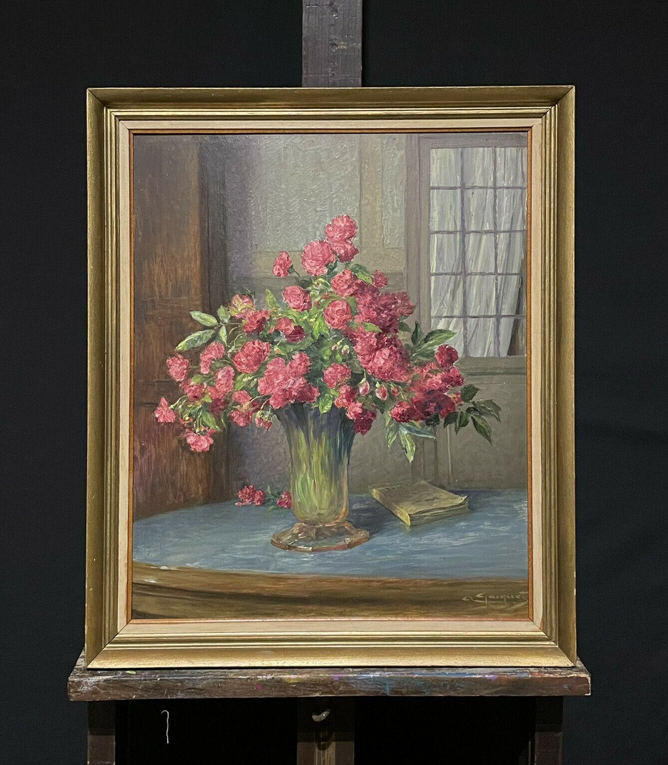 Vintage French Signed Oil Crimson Roses in Interior Still Life Room - Painting by Unknown