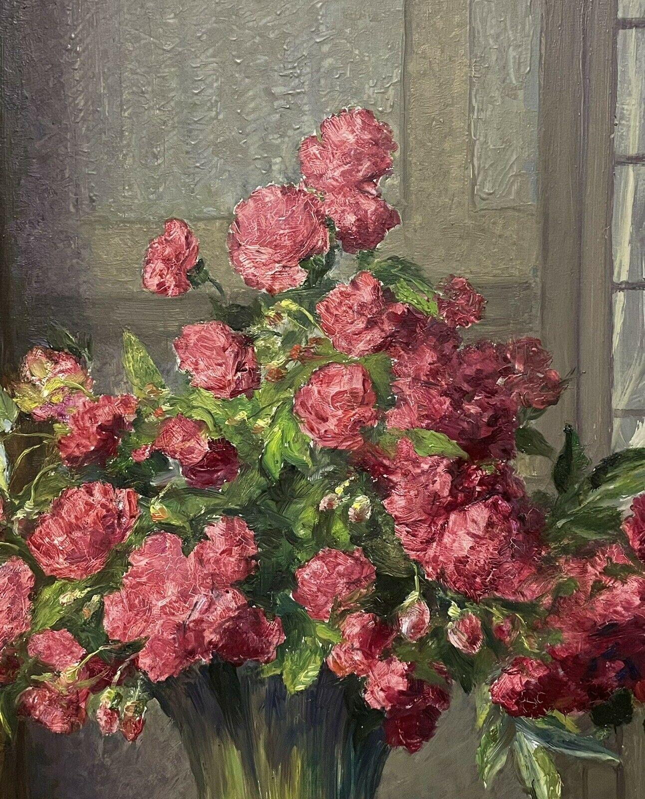 Vintage French Signed Oil Crimson Roses in Interior Still Life Room - Impressionist Painting by Unknown
