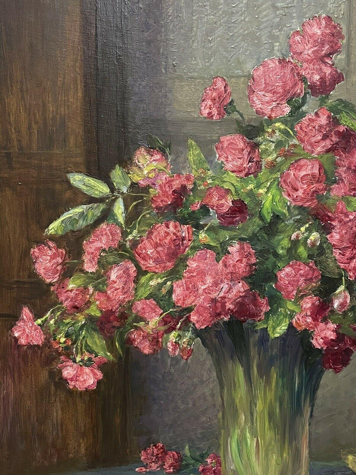 Vintage French Signed Oil Crimson Roses in Interior Still Life Room - Gray Interior Painting by Unknown