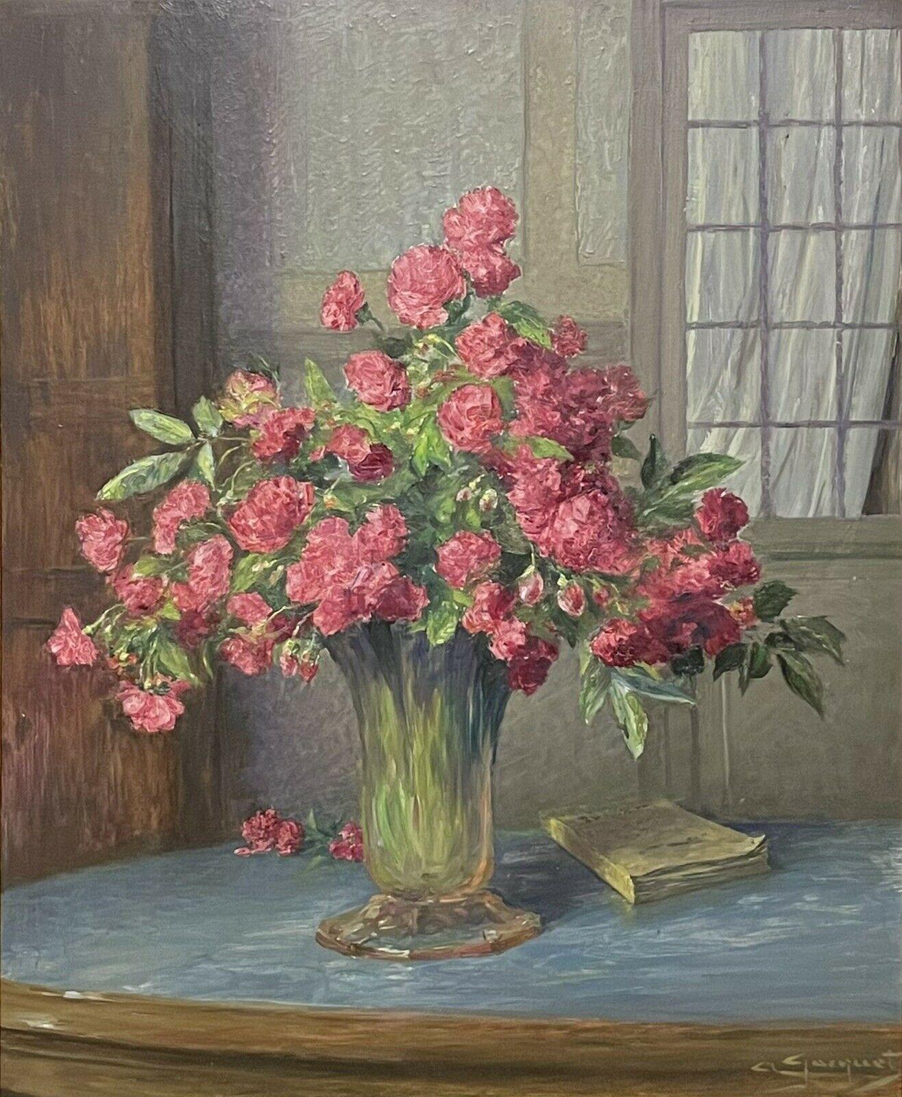 Unknown Interior Painting - Vintage French Signed Oil Crimson Roses in Interior Still Life Room