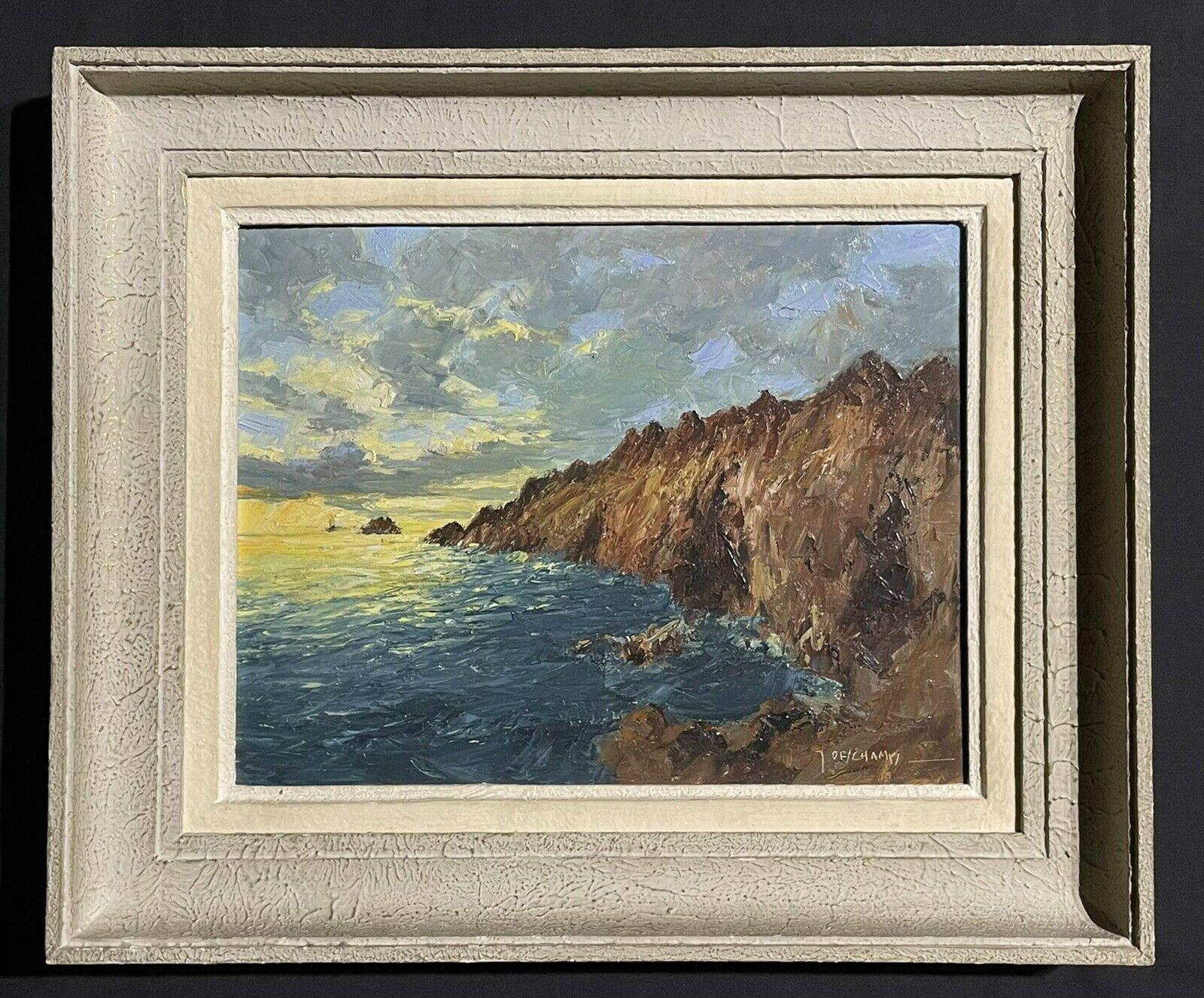 Unknown Landscape Painting - Vintage French Signed Oil Sunset over Coastal Rocky Coastline, Framed