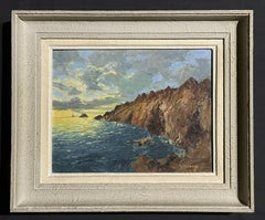 Vintage French Signed Oil Sunset over Coastal Rocky Coastline, Framed