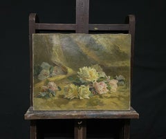 1900's French Impressionist Signed Oil, Still Life of Roses Yellow & Pinks