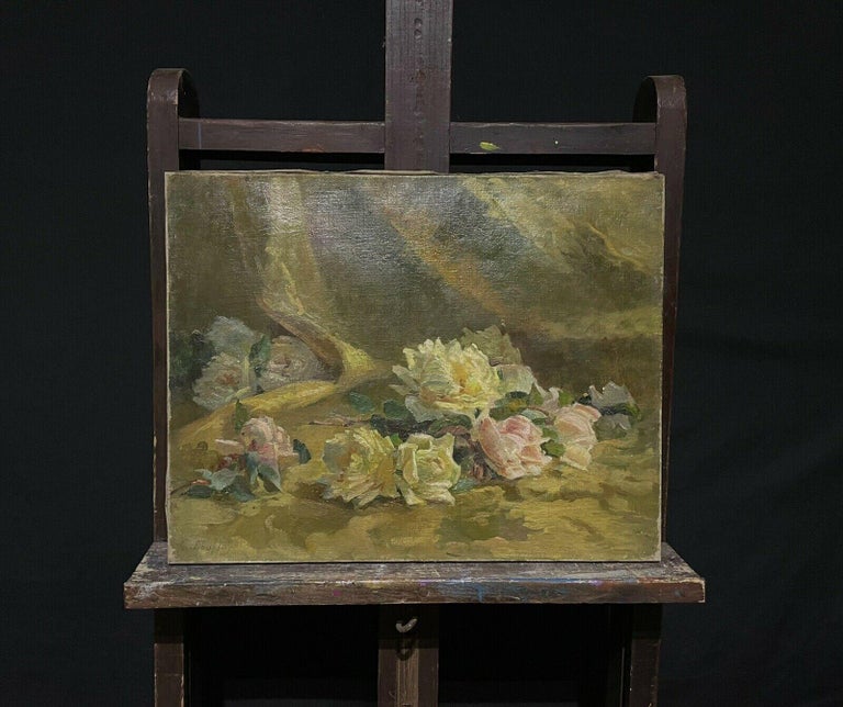 1900's French Impressionist Signed Oil, Still Life of Roses Yellow & Pinks - Painting by French School