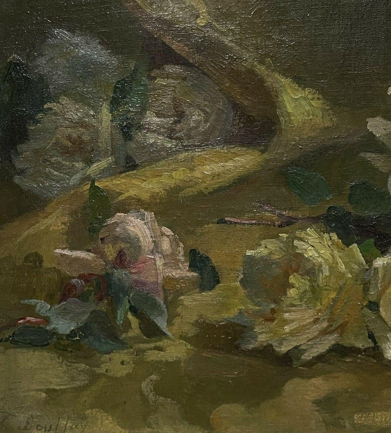 Artist/ School: French School, early 20th century

Title: Still Life of Roses

Medium:  signed oil painting on canvas, unframed.

canvas:   17 x 21.75 inches

Provenance: private collection, France

Condition: The painting is in overall very good