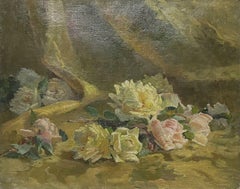 Antique 1900's French Impressionist Signed Oil, Still Life of Roses Yellow & Pinks
