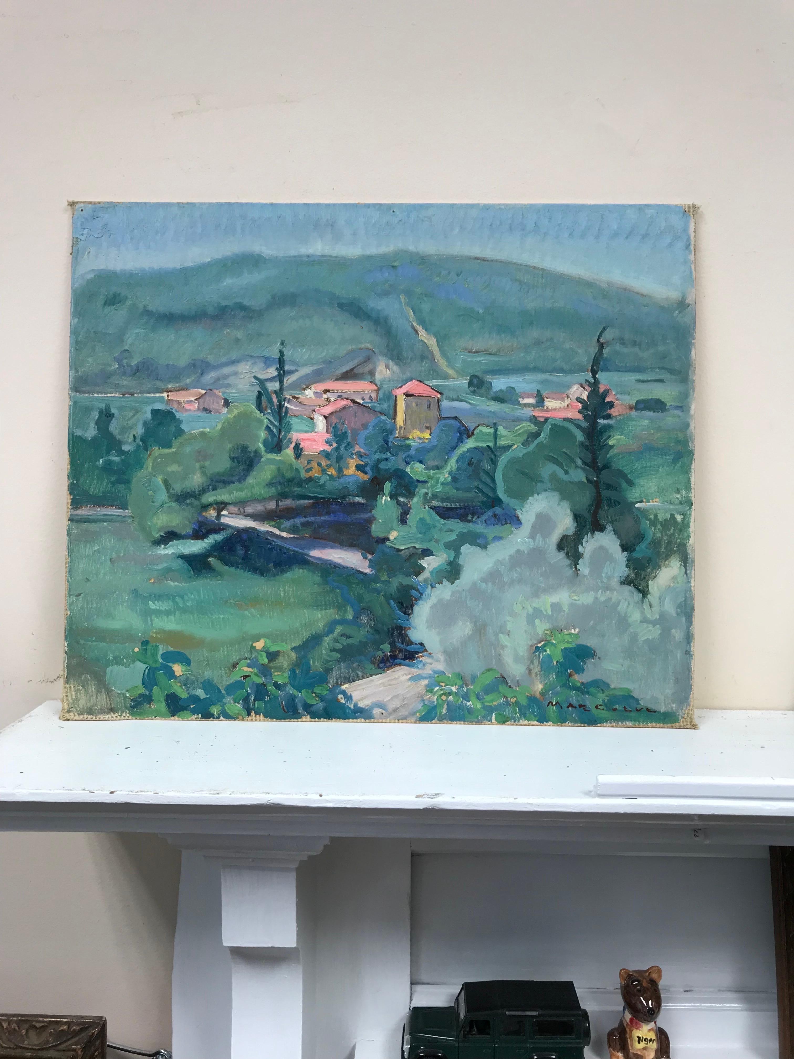 Peinture à l'huile fauviste française des années 1930 - Far Reaching - Paysage provençal - Maisons roses - Painting de French School