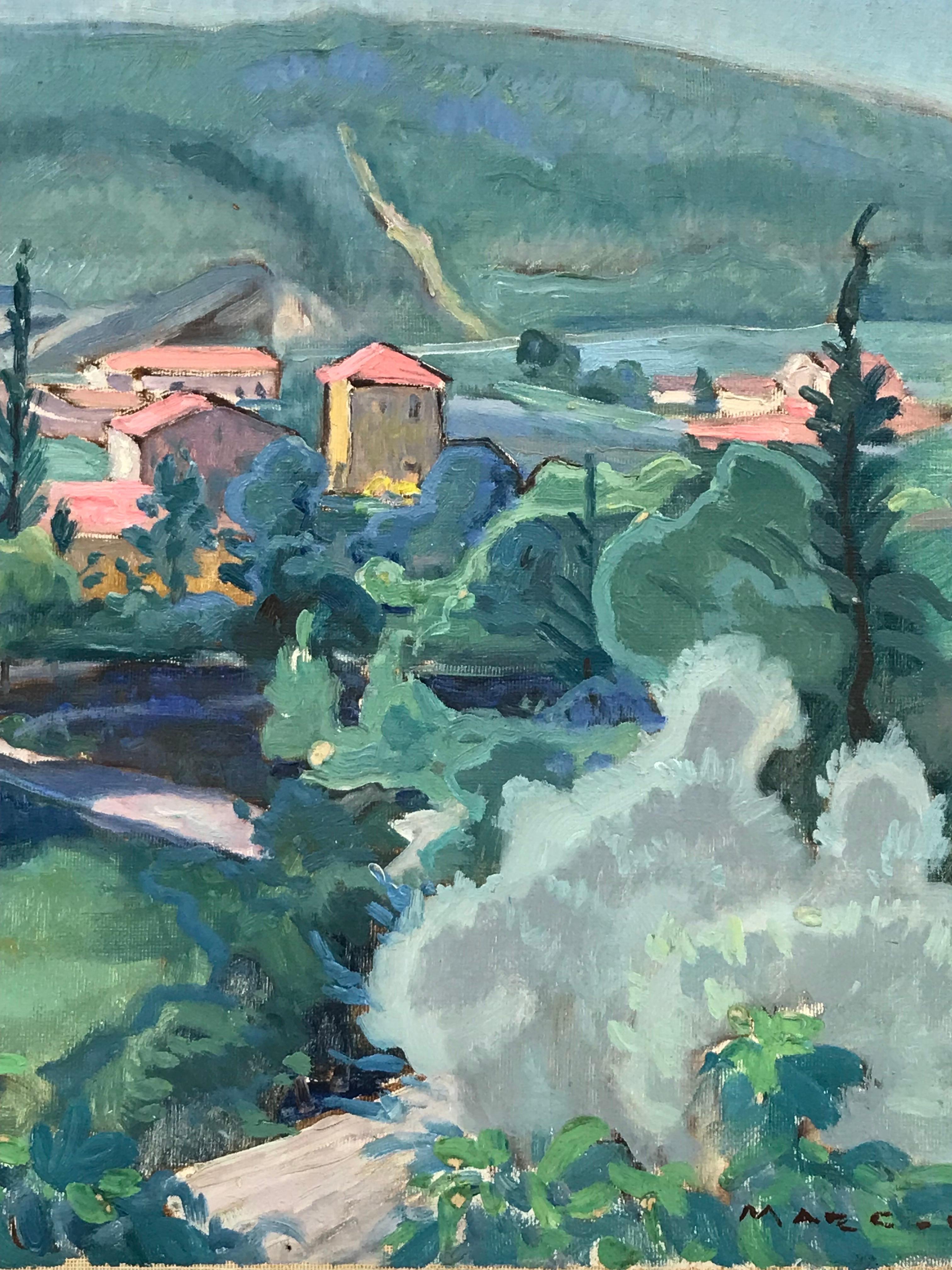 Peinture à l'huile fauviste française des années 1930 - Far Reaching - Paysage provençal - Maisons roses - Fauvisme Painting par French School