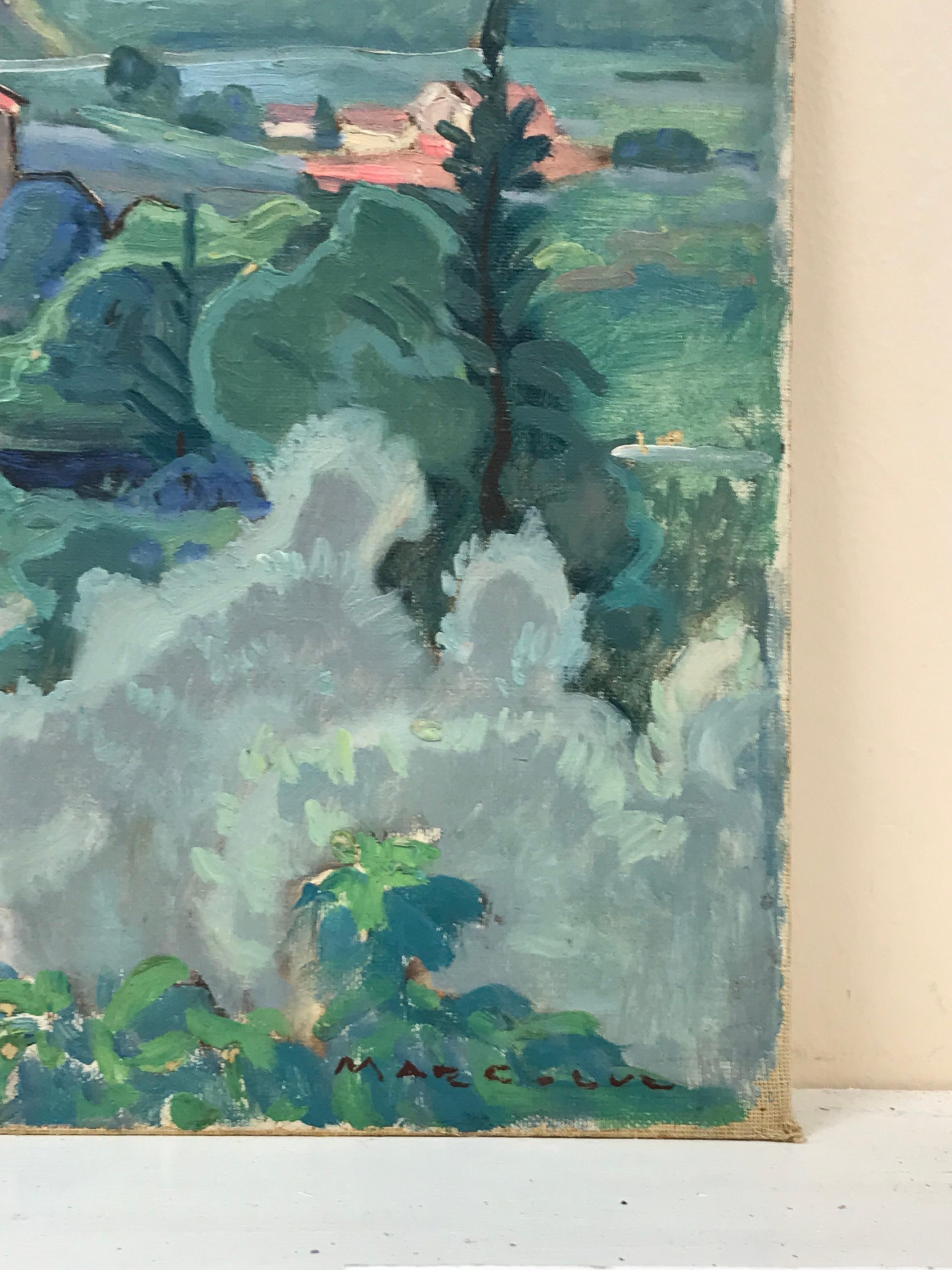 Peinture à l'huile fauviste française des années 1930 - Far Reaching - Paysage provençal - Maisons roses - Bleu Figurative Painting par French School