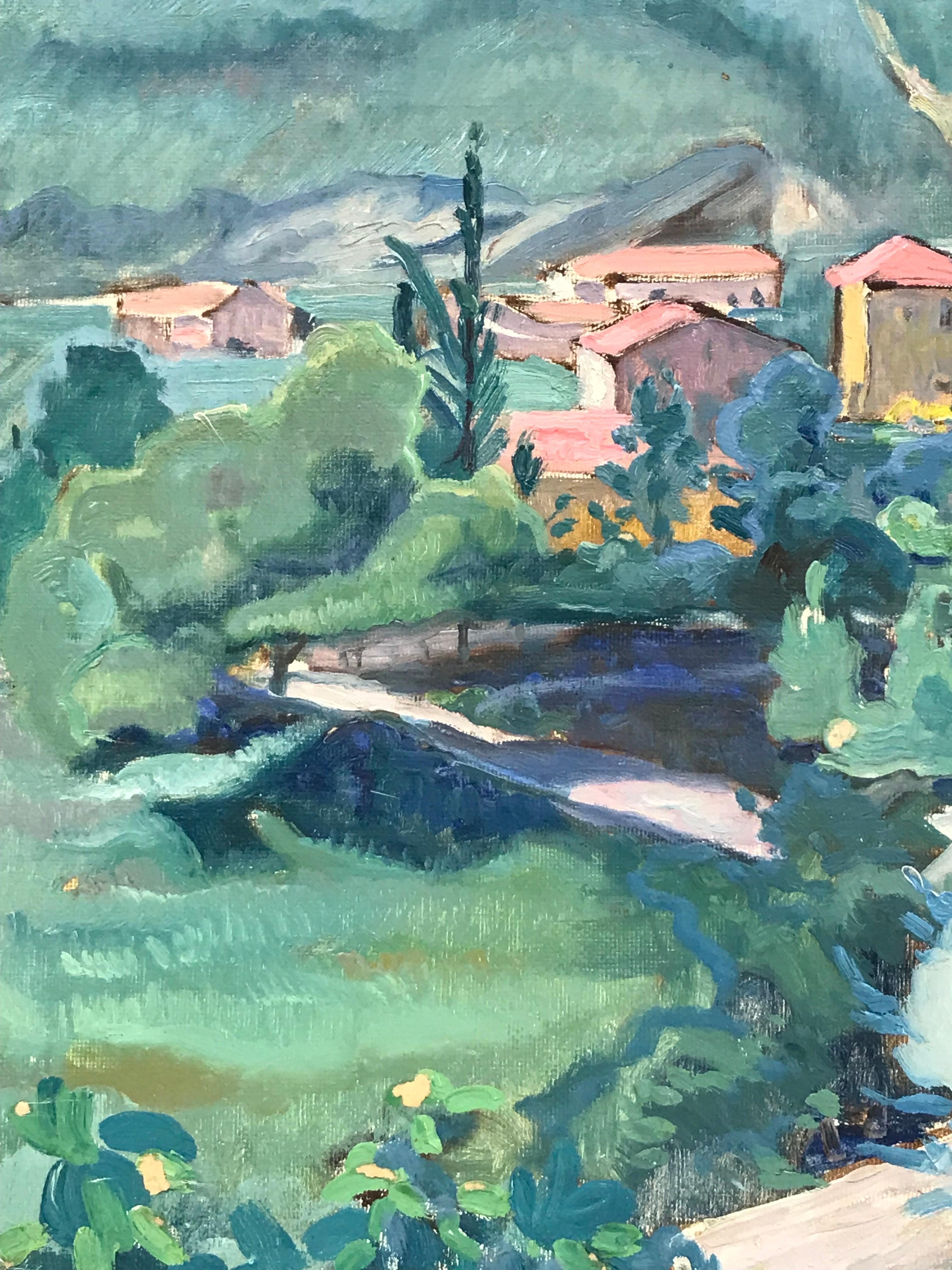 1930s French Fauvist Oil Painting - Far Reaching Provencal Landscape Pink Houses - Blue Figurative Painting by French School