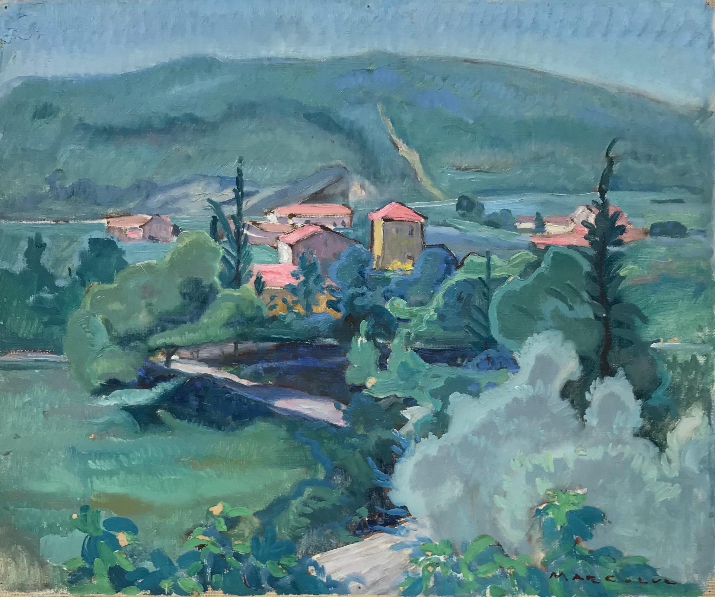 Peinture à l'huile fauviste française des années 1930 - Far Reaching - Paysage provençal - Maisons roses