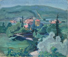 1930s French Fauvist Oil Painting - Far Reaching Provencal Landscape Pink Houses