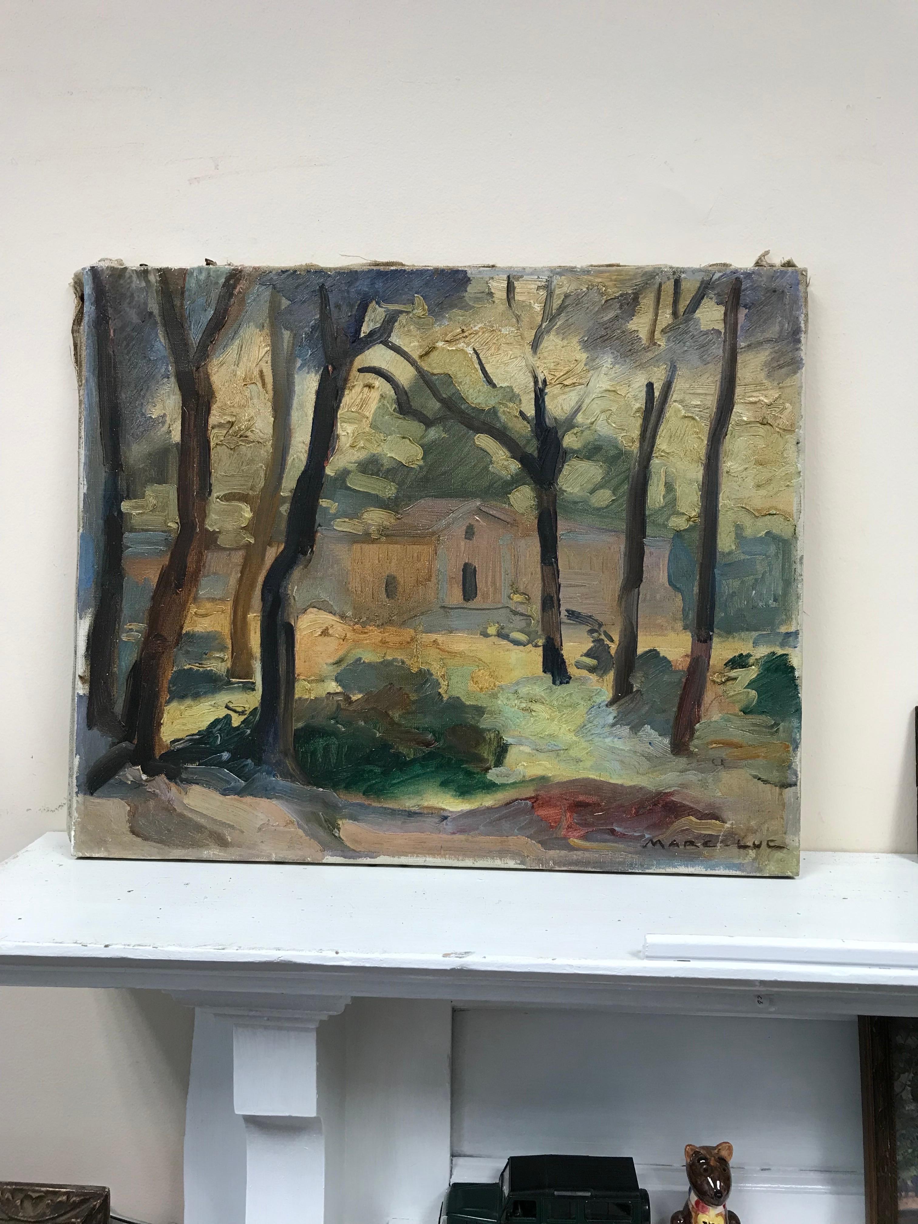 1930's French Fauvist Signed Oil Painting - The House in the Woods - Gray Figurative Painting by French School