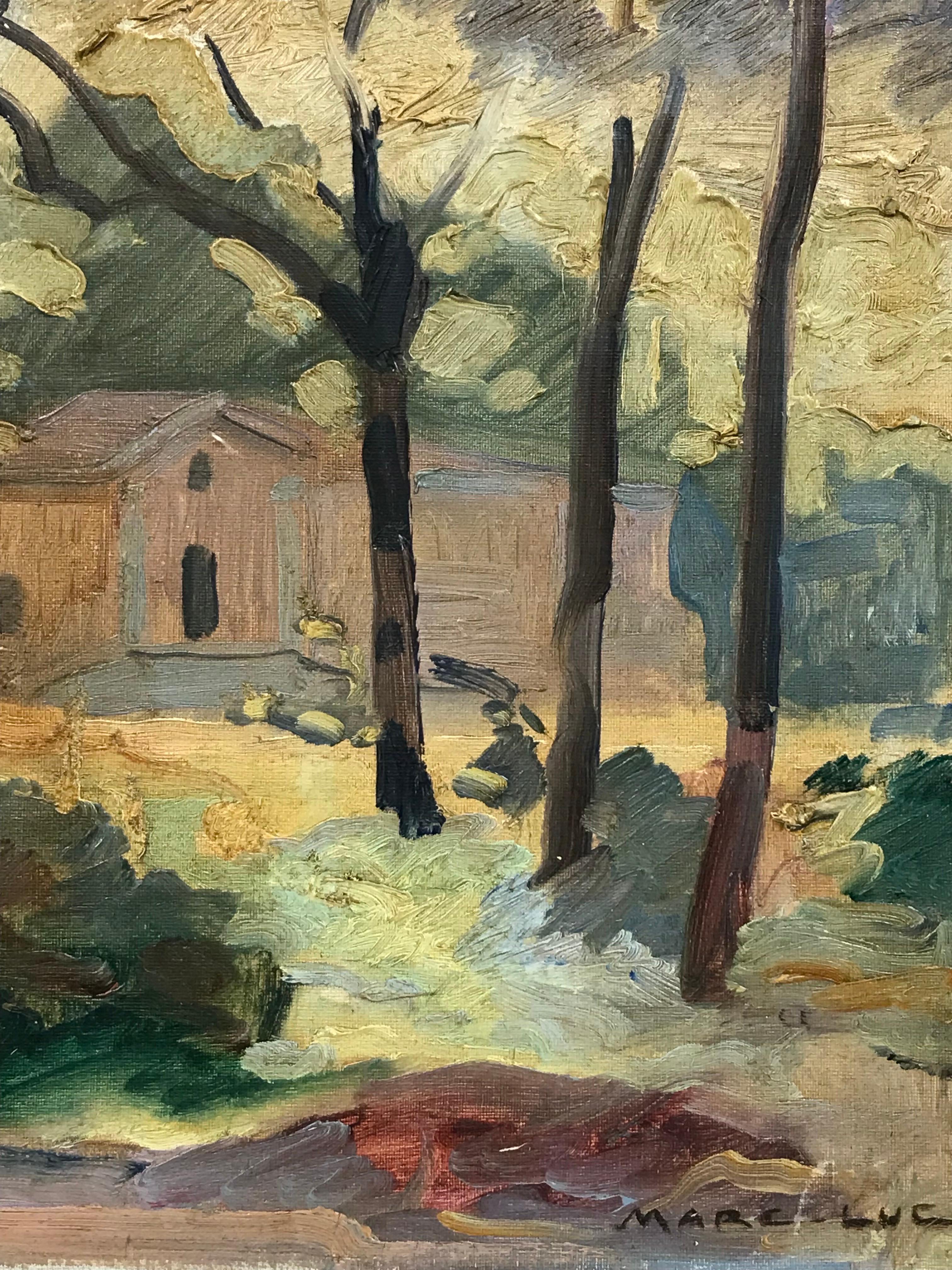 Artist/ School: French School, circa 1930's, inscribed verso.

Title: woodland landscape with house, inscribed verso

Medium: oil painting on canvas, unframed, 

canvas: 15 x 18 inches

Provenance: private collection, France

Condition: The painting