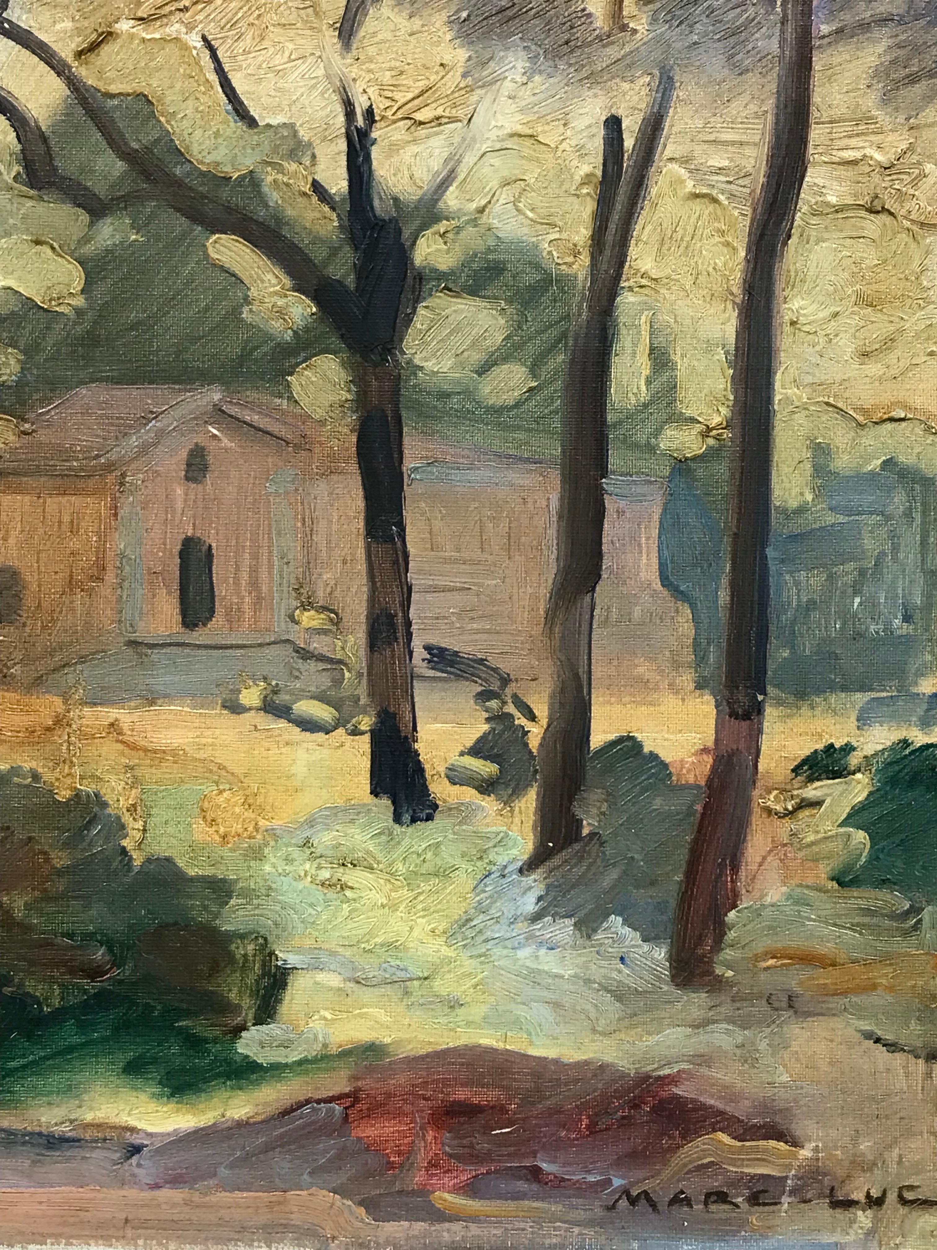 Pintura al óleo fauvista francesa firmada en 1930 - La casa en el bosque - Painting Fauvista de French School