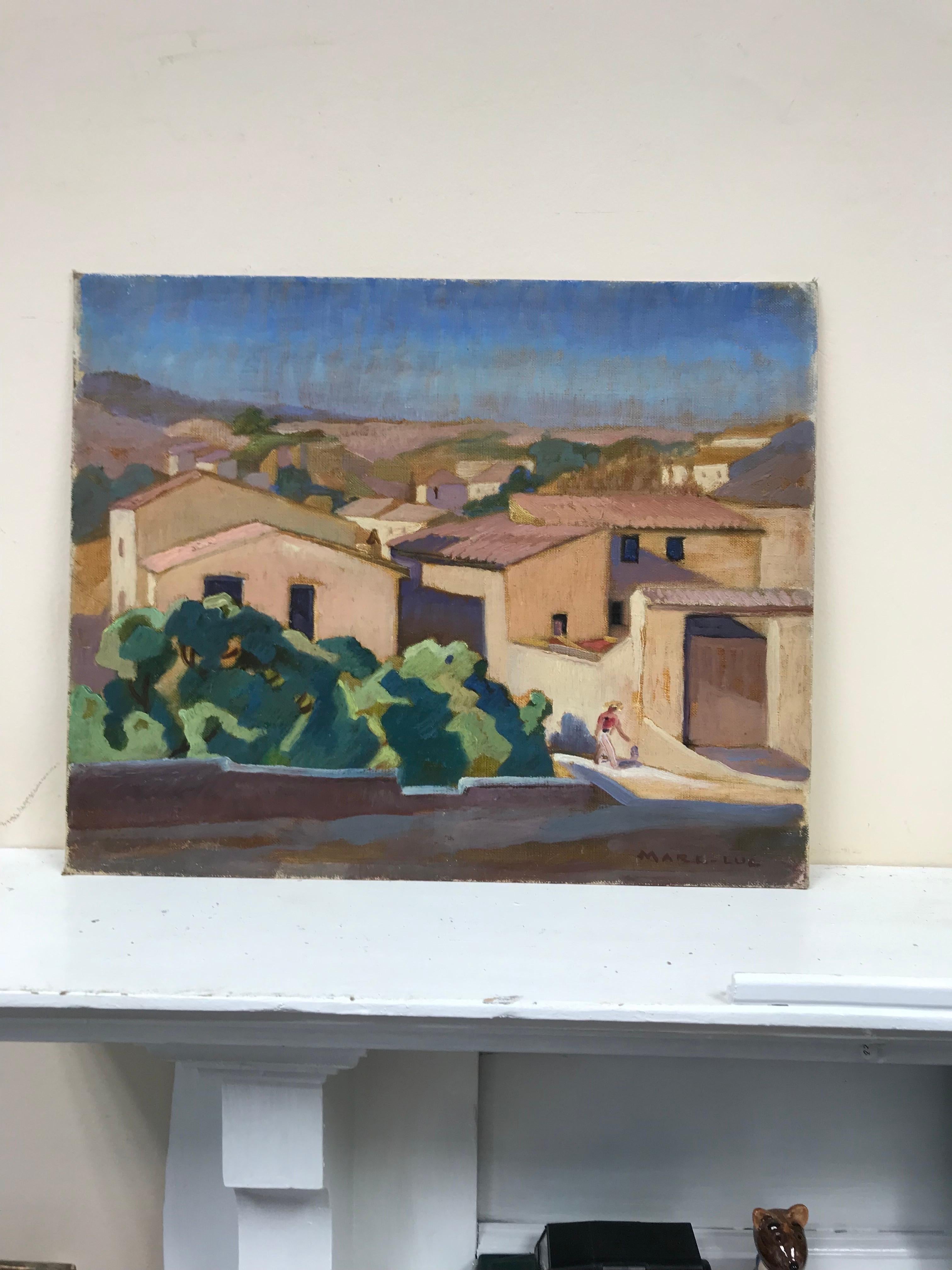 1930's French Impressionist Figure Walking Provencal Town & Rooftop views - Painting by French School