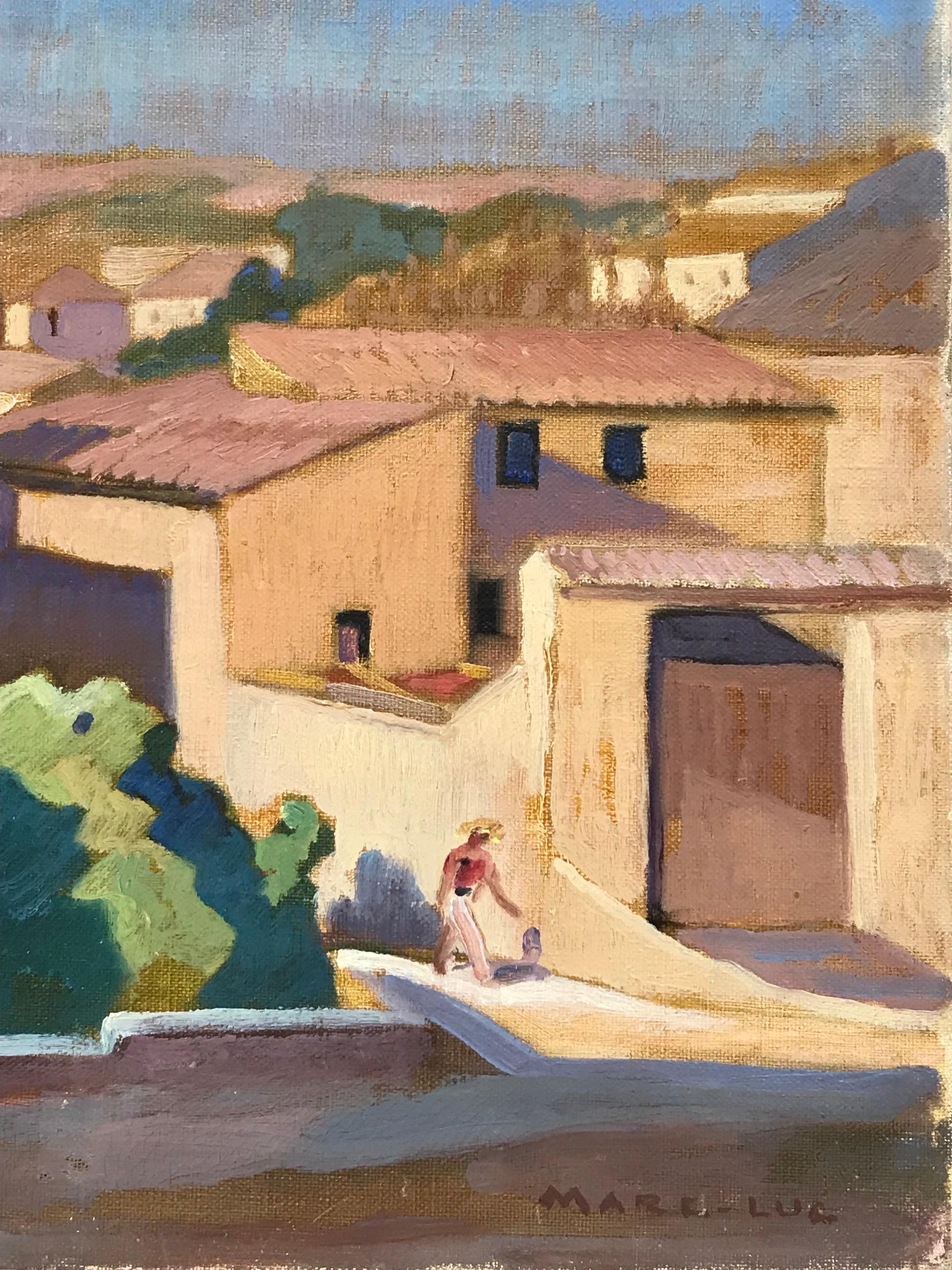 1930's French Impressionist Figure Walking Provencal Town & Rooftop views - Fauvist Painting by French School